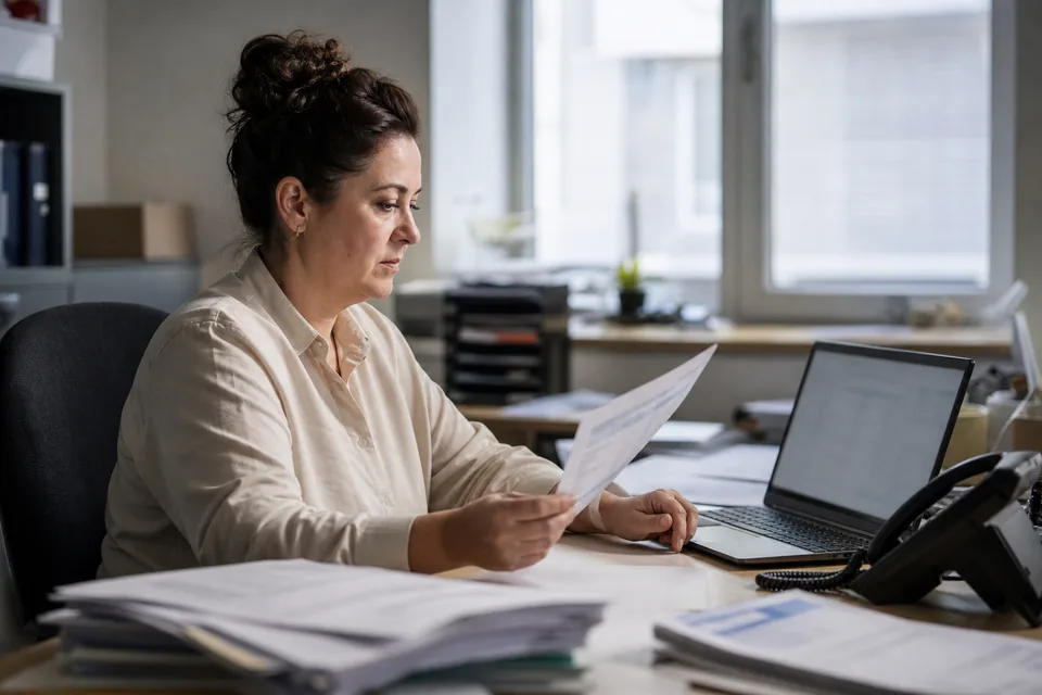 Księgowa porównuje papierowy dokument kontrahenta z danymi firmy na ekranie laptopa