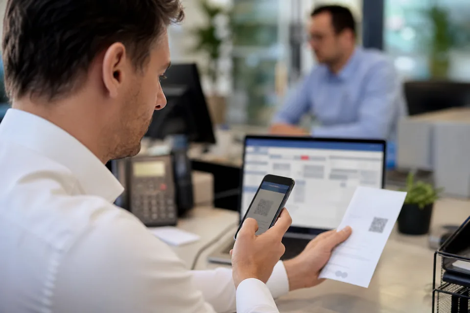 Pracownik działu finansów skanuje telefonem kod QR z wydruku faktury przed zleceniem przelewu